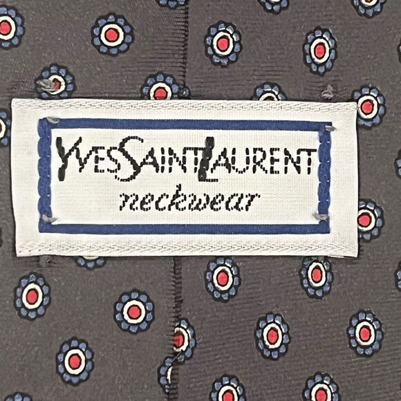 Yves Saint Laurent Neckwear 100% Silk Tie Gray with Small Blue and Red Flowers - Picture 3 of 4